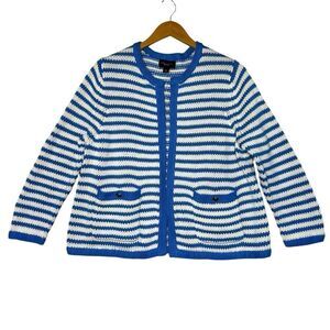 Lands End Drifter Blue White Stripe Open Cardigan Sweater Women’s Large coastal